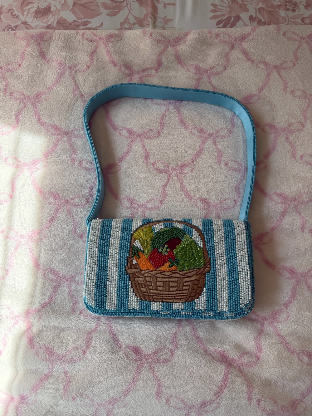 Blue Beaded Basket Motif Shoulder Bag